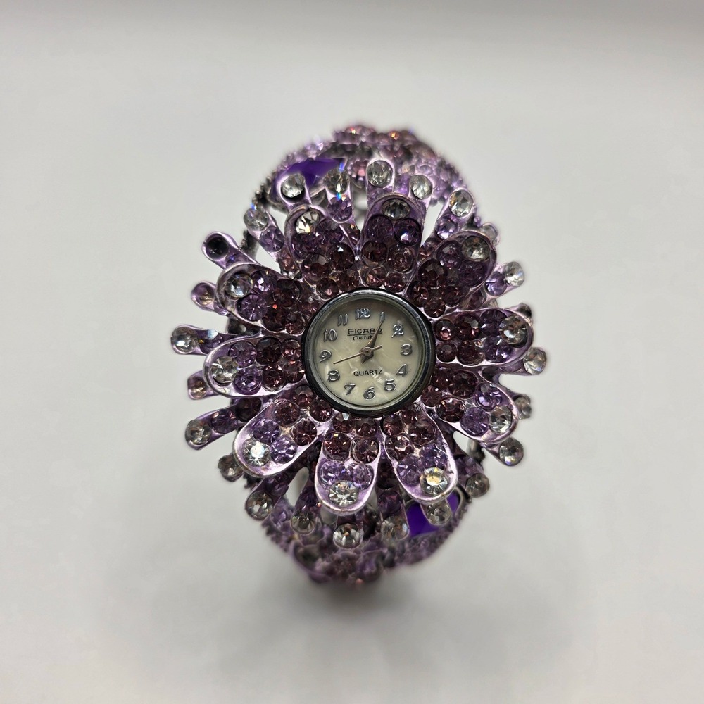 Figaro Couture‎ Purple Rhinestone Flower Hinged Cuff Bracelet Watch 6253 Quartz
